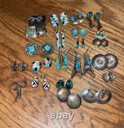Vintage 21 Pairs Sterling Silver Navajo Turquoise Earrings Lot