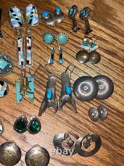 Vintage 21 Pairs Sterling Silver Navajo Turquoise Earrings Lot