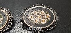 Vintage. 800 Silver Pair Of Micro Mosaic Floral Brooch / Pin