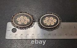 Vintage. 800 Silver Pair Of Micro Mosaic Floral Brooch / Pin