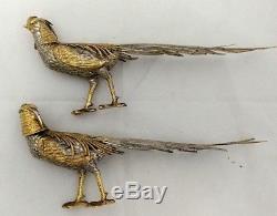 Vintage 800 Sterling Silver Gold Wash Matched Pair Pheasants 10x4.5 Fine Detail
