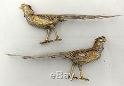 Vintage 800 Sterling Silver Gold Wash Matched Pair Pheasants 10x4.5 Fine Detail