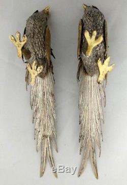 Vintage 800 Sterling Silver Gold Wash Matched Pair Pheasants 10x4.5 Fine Detail