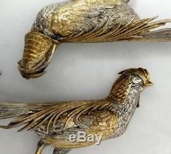 Vintage 800 Sterling Silver Gold Wash Matched Pair Pheasants 10x4.5 Fine Detail