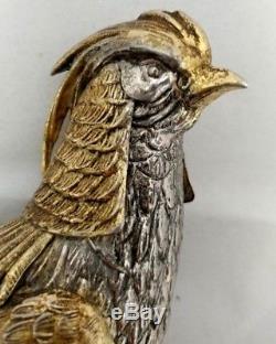 Vintage 800 Sterling Silver Gold Wash Matched Pair Pheasants 10x4.5 Fine Detail