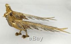 Vintage 800 Sterling Silver Gold Wash Matched Pair Pheasants 10x4.5 Fine Detail