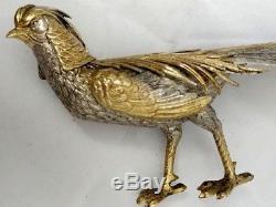 Vintage 800 Sterling Silver Gold Wash Matched Pair Pheasants 10x4.5 Fine Detail