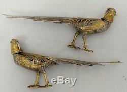 Vintage 800 Sterling Silver Gold Wash Matched Pair Pheasants 10x4.5 Fine Detail