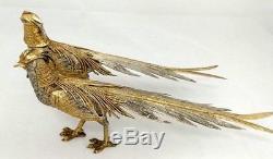 Vintage 800 Sterling Silver Gold Wash Matched Pair Pheasants 10x4.5 Fine Detail