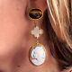 Vintage 925 Silver Hand Carved Conch Shell Cameo Marcasite Frame Drop Earrings