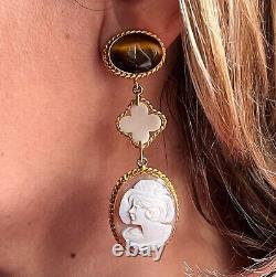 Vintage 925 Silver Hand Carved Conch Shell Cameo Marcasite Frame Drop Earrings
