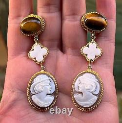 Vintage 925 Silver Hand Carved Conch Shell Cameo Marcasite Frame Drop Earrings
