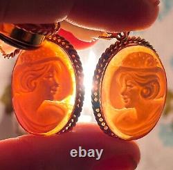 Vintage 925 Silver Hand Carved Conch Shell Cameo Marcasite Frame Drop Earrings