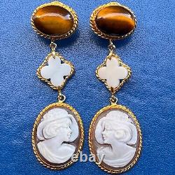 Vintage 925 Silver Hand Carved Conch Shell Cameo Marcasite Frame Drop Earrings