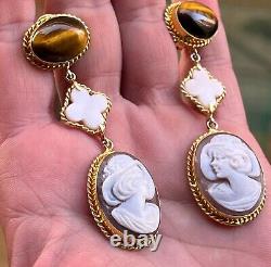 Vintage 925 Silver Hand Carved Conch Shell Cameo Marcasite Frame Drop Earrings