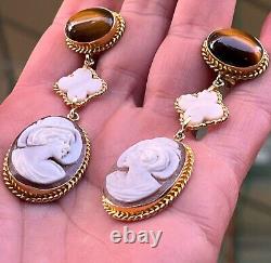 Vintage 925 Silver Hand Carved Conch Shell Cameo Marcasite Frame Drop Earrings