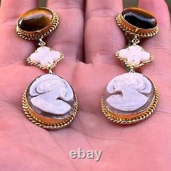 Vintage 925 Silver Hand Carved Conch Shell Cameo Marcasite Frame Drop Earrings