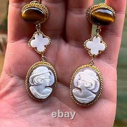 Vintage 925 Silver Hand Carved Conch Shell Cameo Marcasite Frame Drop Earrings