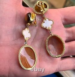Vintage 925 Silver Hand Carved Conch Shell Cameo Marcasite Frame Drop Earrings