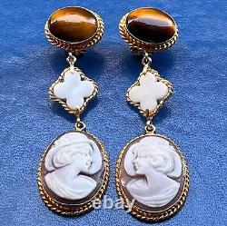 Vintage 925 Silver Hand Carved Conch Shell Cameo Marcasite Frame Drop Earrings