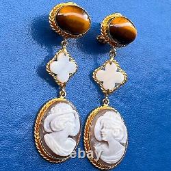 Vintage 925 Silver Hand Carved Conch Shell Cameo Marcasite Frame Drop Earrings