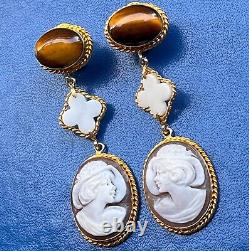 Vintage 925 Silver Hand Carved Conch Shell Cameo Marcasite Frame Drop Earrings