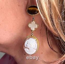 Vintage 925 Silver Hand Carved Conch Shell Cameo Marcasite Frame Drop Earrings
