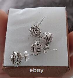 Vintage 925 Sterling Silver Diamond Cluster Earrings 2 Pair