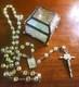 Vintage Afco Sterling Silver Ab Crystal Beaded Rosary & Vtg Iridescent Glass Box
