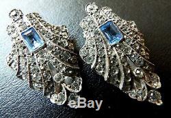 Vintage ART DECO Sterling Silver Faux Sapphire & Diamond Paste Pair Dress Clips