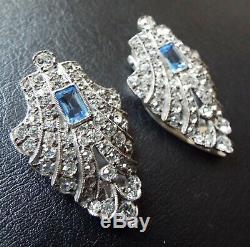 Vintage ART DECO Sterling Silver Faux Sapphire & Diamond Paste Pair Dress Clips