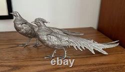 Vintage Alpaca Silver Italy Pair of Pheasants 13.3 & 12.5 Art Figurine Signed
