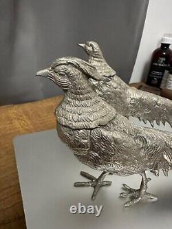 Vintage Alpaca Silver Italy Pair of Pheasants 13.3 & 12.5 Art Figurine Signed