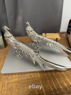 Vintage Alpaca Silver Italy Pair of Pheasants 13.3 & 12.5 Art Figurine Signed