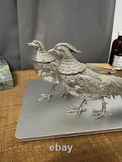 Vintage Alpaca Silver Italy Pair of Pheasants 13.3 & 12.5 Art Figurine Signed