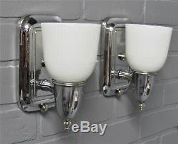 Vintage Antique Art Deco Slip Shade Wall Sconces Chrome Bathroom MCM Retro