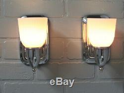 Vintage Antique Art Deco Slip Shade Wall Sconces Chrome Bathroom MCM Retro