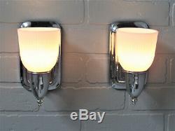 Vintage Antique Art Deco Slip Shade Wall Sconces Chrome Bathroom MCM Retro