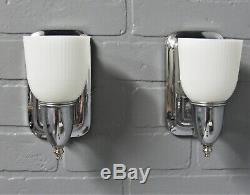 Vintage Antique Art Deco Slip Shade Wall Sconces Chrome Bathroom MCM Retro