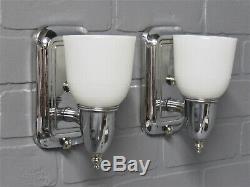 Vintage Antique Art Deco Slip Shade Wall Sconces Chrome Bathroom MCM Retro