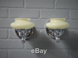 Vintage Antique Pair Art Deco Chrome Slip Shade Wall Sconces Custard Glass