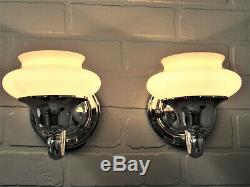 Vintage Antique Pair Art Deco Chrome Slip Shade Wall Sconces Custard Glass