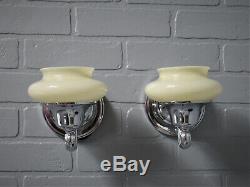 Vintage Antique Pair Art Deco Chrome Slip Shade Wall Sconces Custard Glass