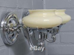 Vintage Antique Pair Art Deco Chrome Slip Shade Wall Sconces Custard Glass