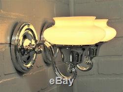 Vintage Antique Pair Art Deco Chrome Slip Shade Wall Sconces Custard Glass