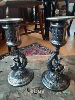 Vintage Antique Pair Pairpoint Putti and Dolphin Fish Candle Stick Sea Creature