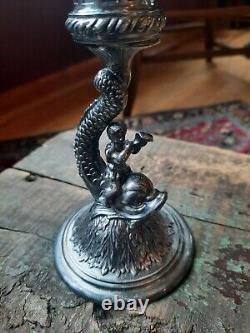 Vintage Antique Pair Pairpoint Putti and Dolphin Fish Candle Stick Sea Creature