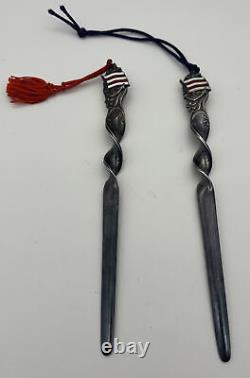 Vintage Antique Silver Pair of matching Bookmarks Flag at your service NYK