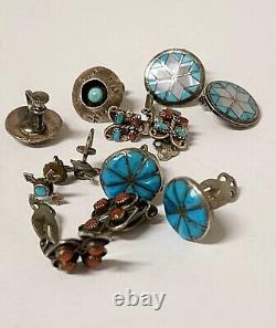 Vintage Antique Sterling 925 Navajo Zuni Pueblo Turquoise Clip Earring Lot 6