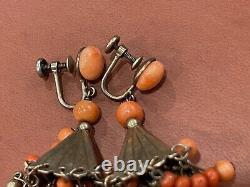 Vintage Antique Sterling Silver & Coral Beads Screwback Pair of Earrings